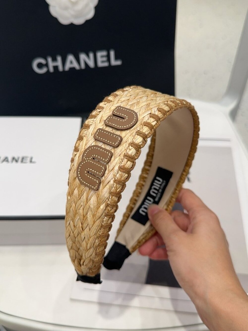 Miu Miu Natural Raffia Woven Headband Brown Leather Logo Letter Wide Summer Hair